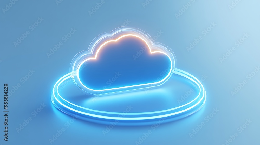 Poster neon glowing cloud icon on a blue background, representing cloud computing technology and digital da