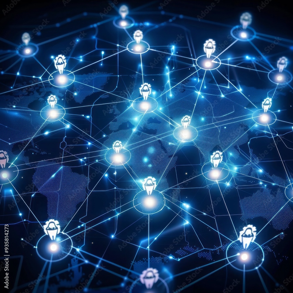 Poster A vibrant digital network illustrates global connections with nodes representing data points, showcasing the complexity of modern data analysis and information flow