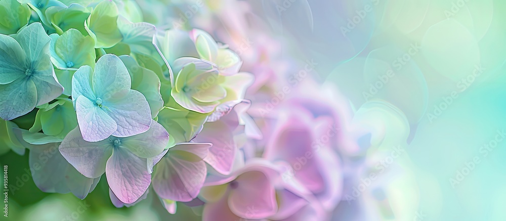 Poster close up macro of light green to purple hydrangea flower. copy space image. place for adding text an