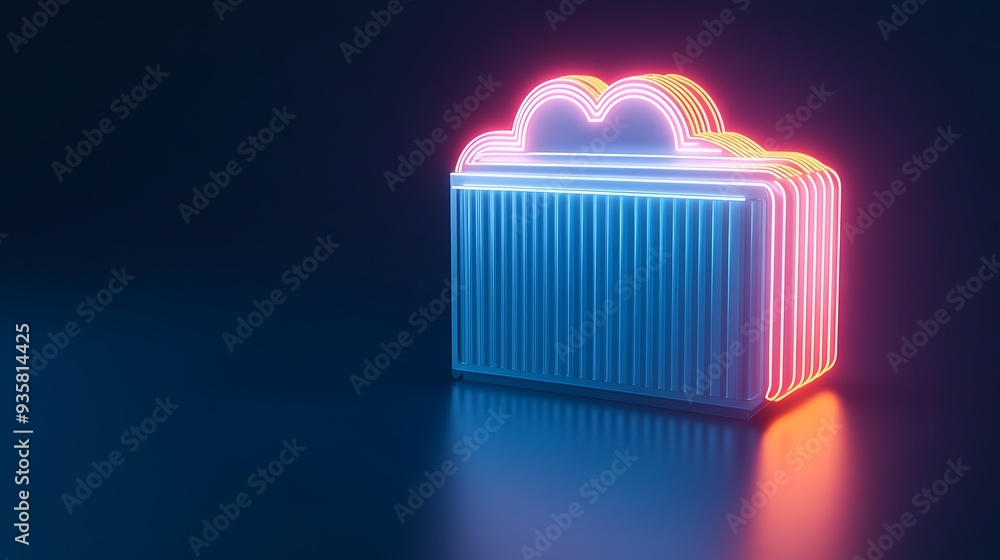 Poster neon-lit cloud icon symbolizing digital storage on a dark blue background. bright and modern represe