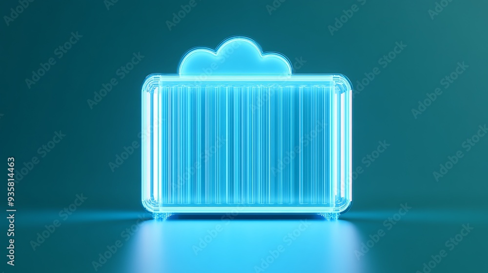 Poster neon suitcase with cloud gradient. conceptual illustration representing cloud computing, data storag