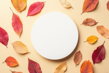 a blank circle on an autumn-themed background with leaves and nuts for text or design. Mock-up template for a menu card or poster design. 