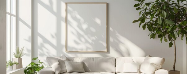 A white couch with a large plant in the corner