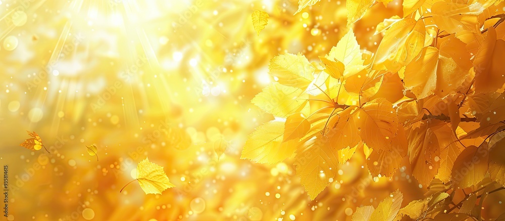 Poster autumn s yellow maple leaves illuminated by sunlight. copy space image. place for adding text and de