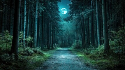 Obraz premium Moonlit Path Through a Dense Forest with Tall Trees and Patches of Moonlight Illuminating the Way. AI generated illustration