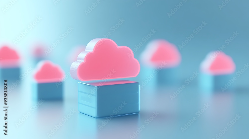 Poster pink cloud icons on blue boxes, representing cloud computing technology and data storage solutions i