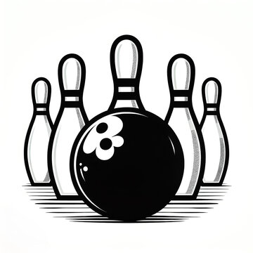 recommend clip art: Black and white vector illustration of bowling ball and pins on white background.	