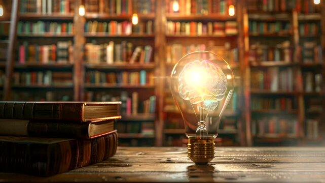 light bulb at library room as bright idea concept video animation background for live wallpaper Seamless looping time-lapse 4k 