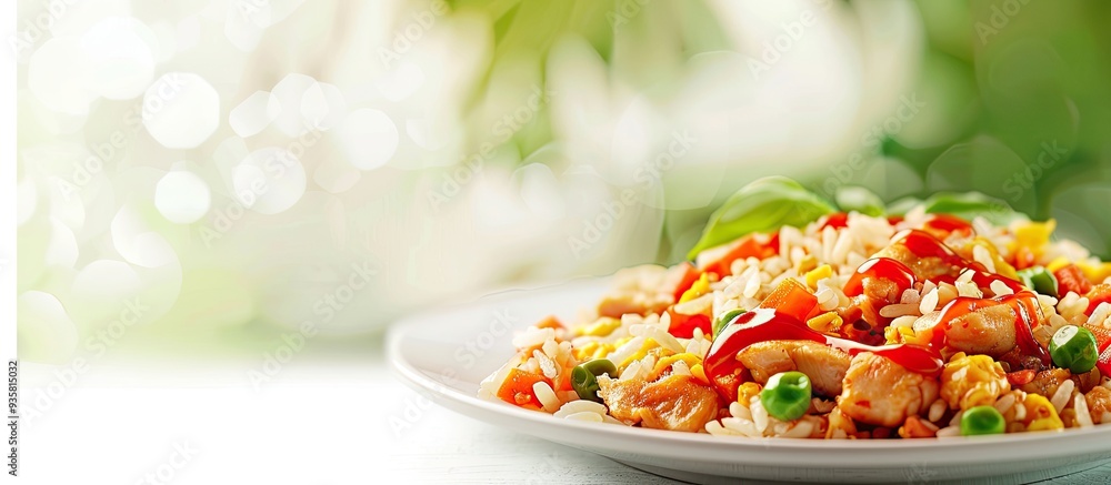 Poster chicken and ketchup fried rice. copy space image. place for adding text and design