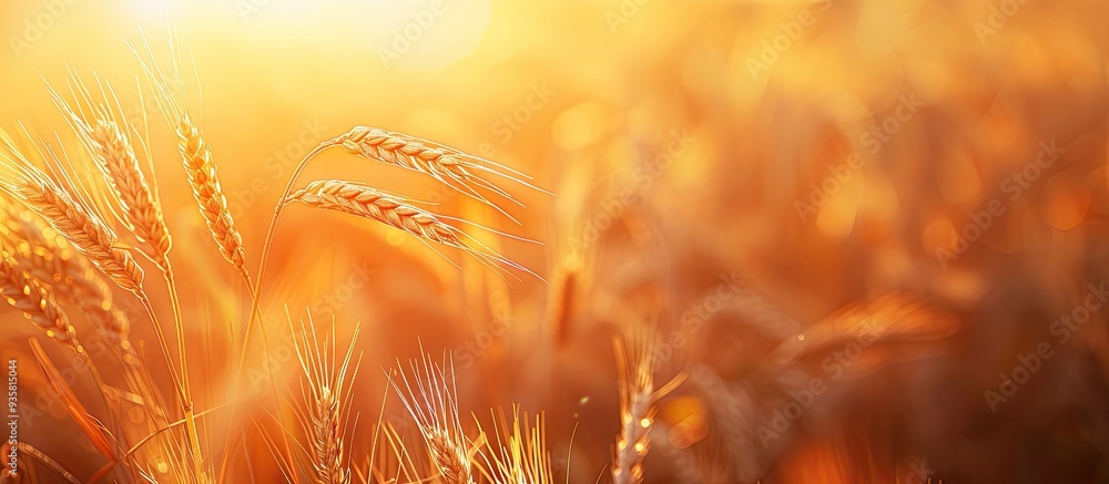 Poster ripe wheat ear during the golden hour. copy space image. place for adding text and design