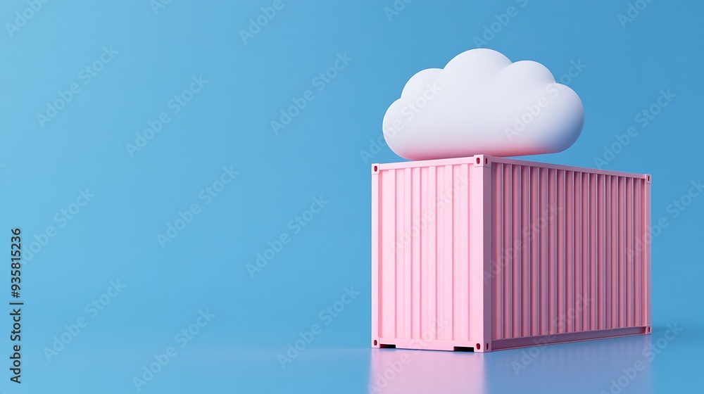 Aufkleber pink shipping container with a cloud on top against a blue background, symbolizing cloud data storag