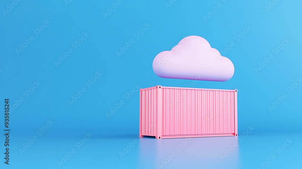 Poster pink shipping container with a floating cloud against a blue background symbolizing cloud storage an
