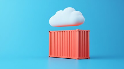 Red shipping container with a white cloud above it against a blue background, representing cloud storage and logistics concept.