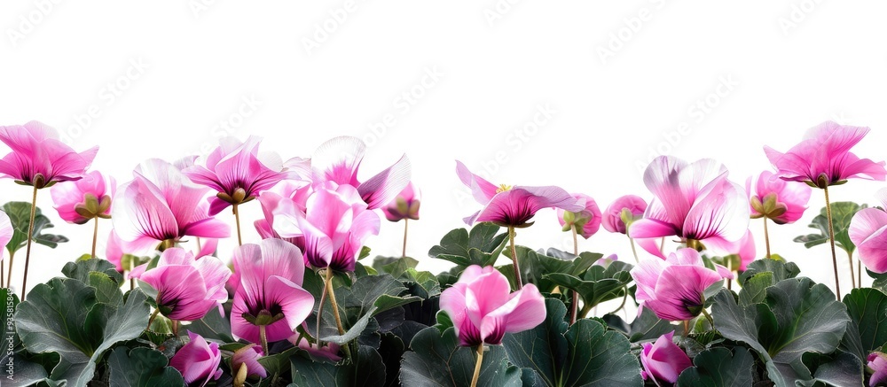 Poster pink cyclamen set against a white background. copy space image. place for adding text and design