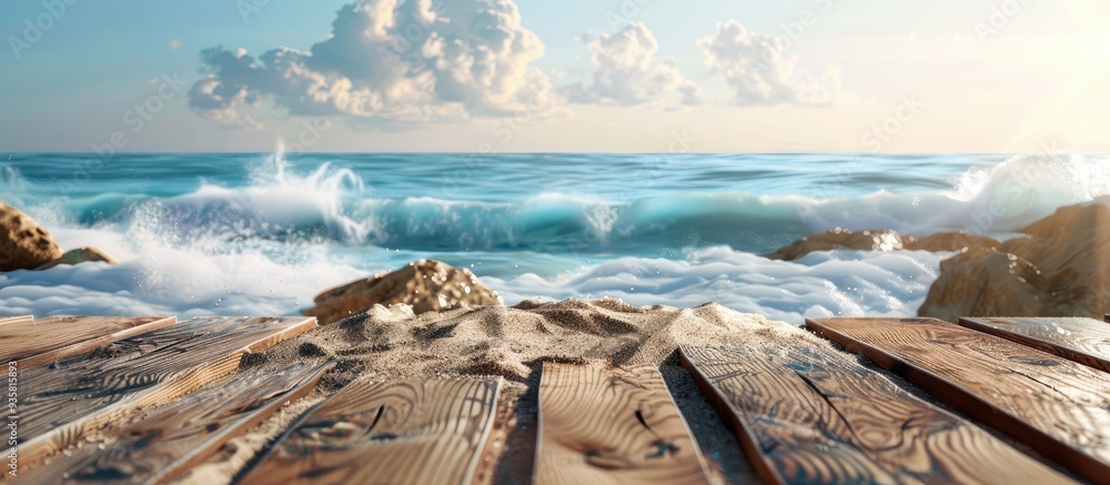 Poster wooden table with sand on it set against a backdrop of a wavy sea rocks and a clear sky. copy space 