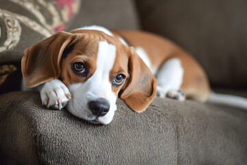 Fototapeta premium Beagle Puppy Resting on Sofa - Cozy and Cute Living Room Scene