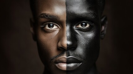 Modern portrait of man with black skin split into two color tone parts. Concept of beauty, cultural diversity, unity, and stop discrimination