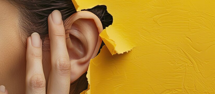 Close up of a female ear and hands Copy space Torn paper on a yellow background Themes of eavesdropping espionage gossip and the yellow press