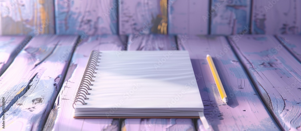 Poster blank notepad and pencil on a wooden surface open notebook with spirals page of a notebook in a hold