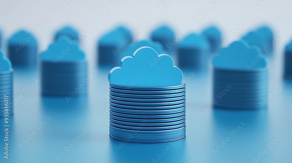 Poster stack of blue cloud-shaped objects representing cloud computing, data storage, and digital technolog