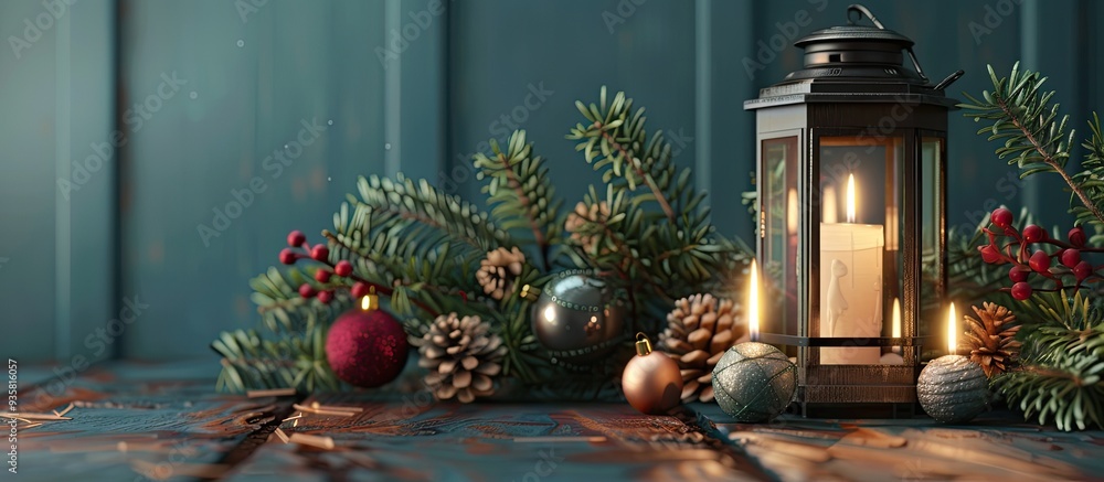 Poster burning candle lantern and christmas arrangement featuring spruce branches and ornaments. copy space