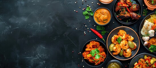 Variety of Indian dishes on a black background Indian cuisine Top view with copyspace