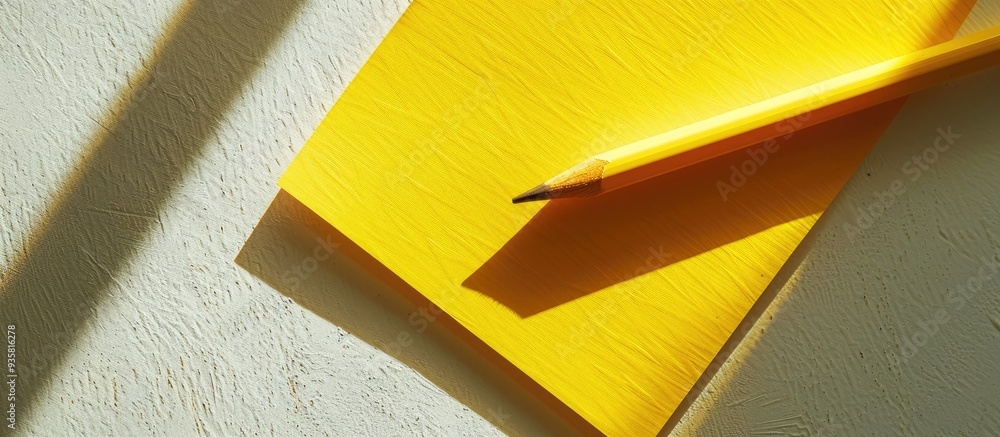 Aufkleber minimalist template featuring copy space with a top view close up macro photo of a wooden yellow pen