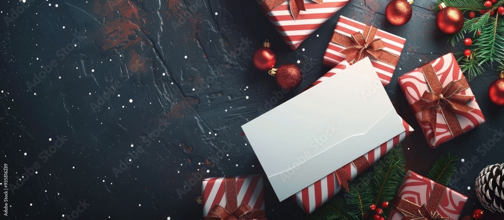 Poster lovely christmas presents and a blank card on a dark backdrop. copy space image. place for adding te