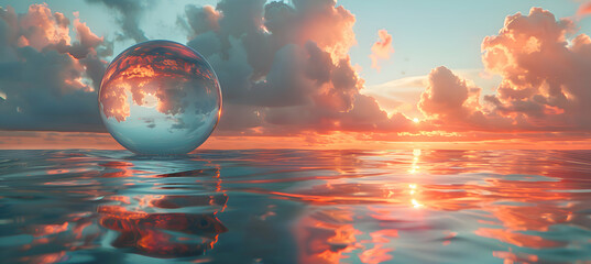 A realistic shot of a glassy 3D sphere floating above a serene water surface, reflecting the sky