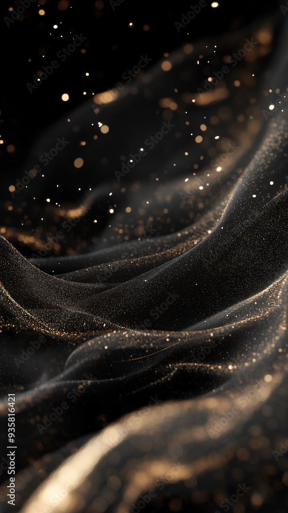 Poster abstract dark background with golden particles falling and flowing