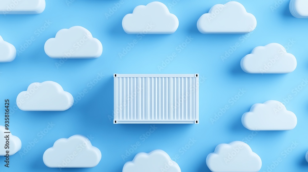 Poster surreal image of a container floating among clouds against blue background, symbolizing cloud storag