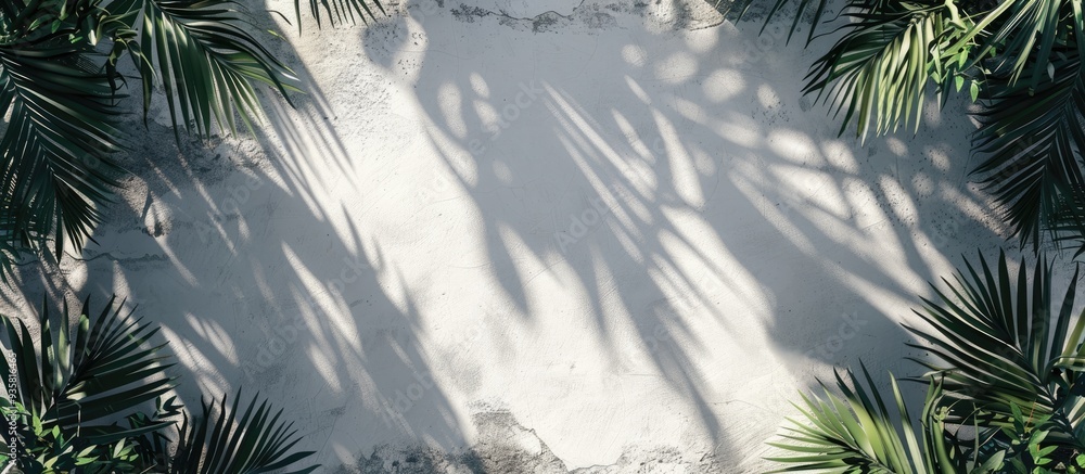 Poster creative background photography featuring shadows of palm branches and leaves on a white concrete wa