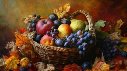 A bounty of autumn's harvest, ripe fruits nestled within a rustic wicker basket, a vibrant tapestry of colors and textures.