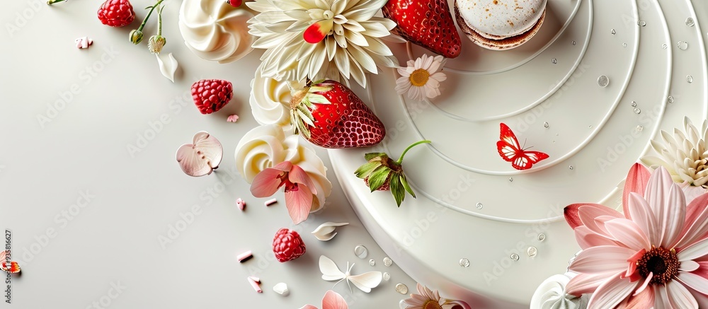 Poster lovely white cake adorned with flowers macaroons a butterfly and a strawberry. copy space image. pla