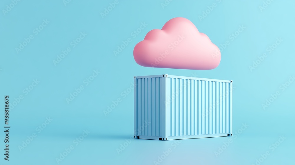 Poster surreal image of a pink cloud hovering over a shipping container on a blue background, representing 