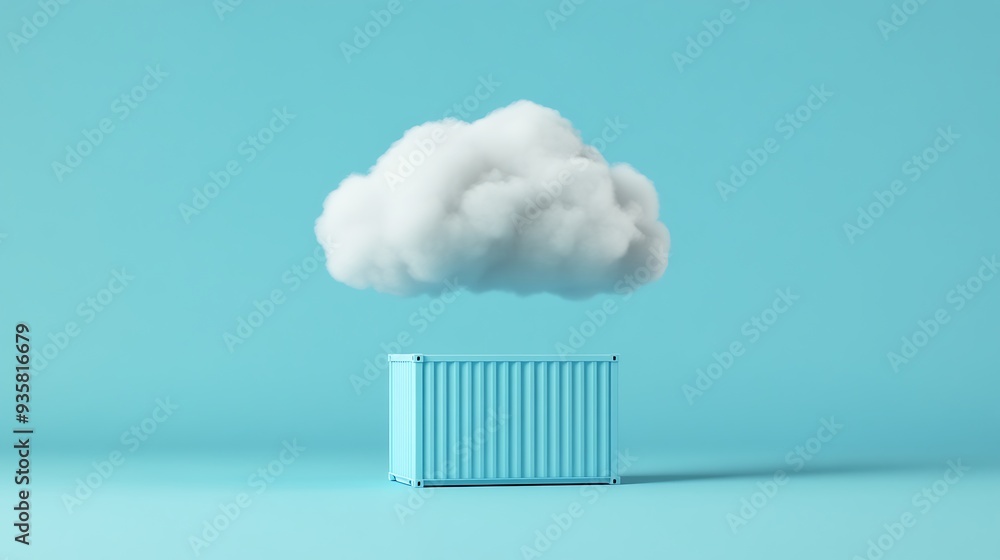 Poster surreal image of a fluffy white cloud hovering above a light blue shipping container on a matching b