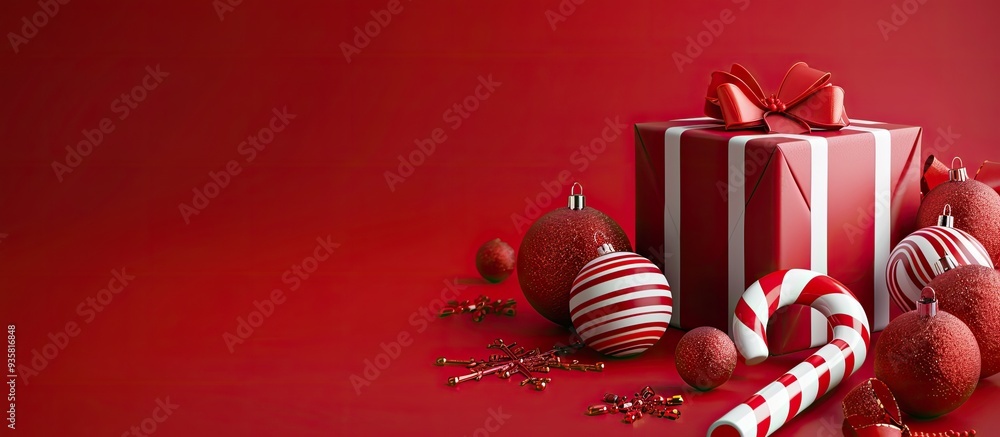 Poster presents featuring christmas balls and a candy cane on a red backdrop. copy space image. place for a