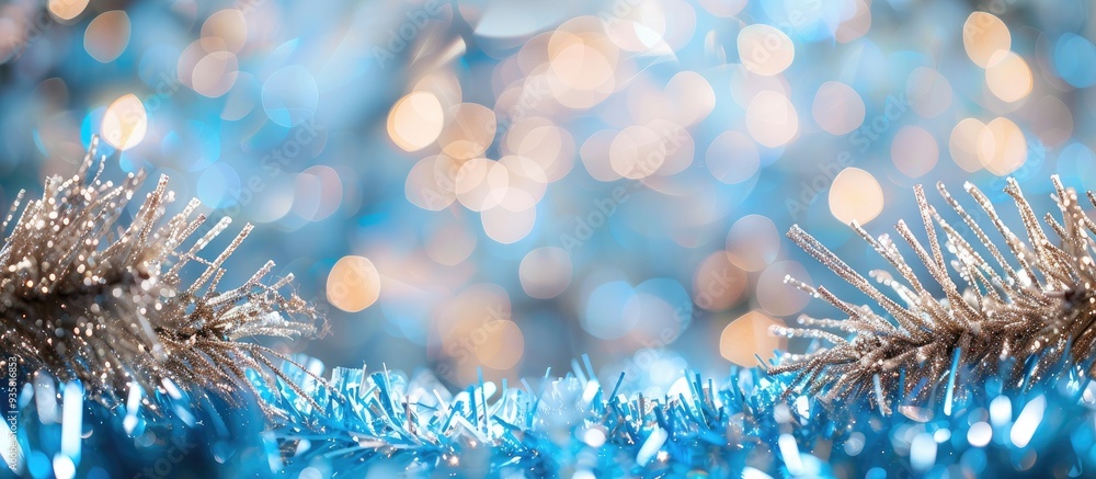 Poster abstract blur of christmas tinsel decorations used as a backdrop. copy space image. place for adding