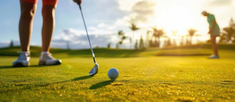 Female golfer aligning her shot on the putting green while a man adjusts the flag. Copy space image. Place for adding text and design