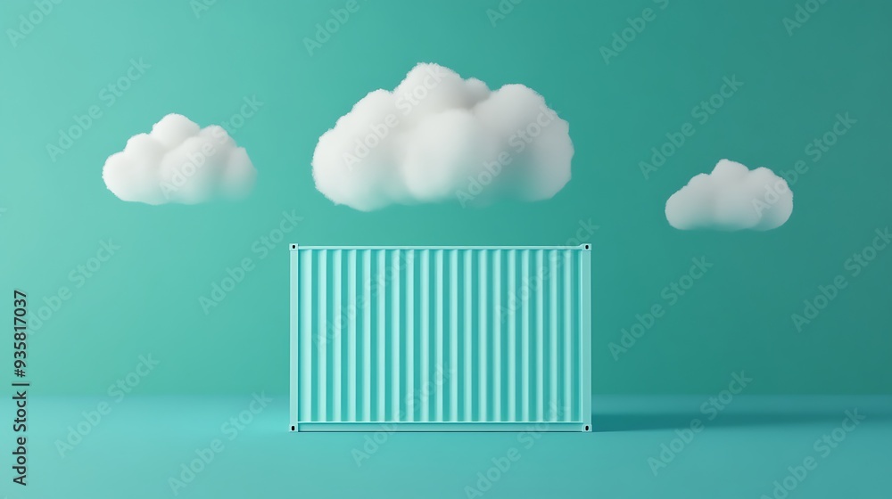 Aufkleber surreal image of a teal shipping container with fluffy clouds on a matching teal background. concept