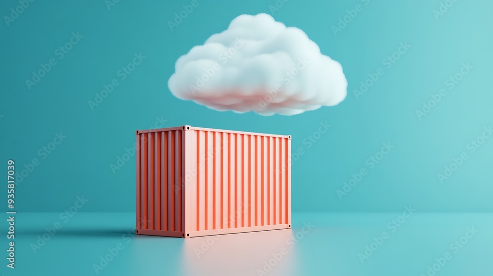 Poster surreal image of a red cargo container with a fluffy cloud above it, set against a teal background, 