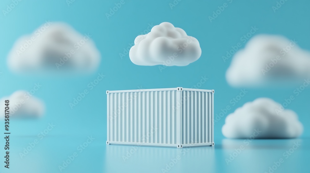 Poster surreal image of a shipping container floating among clouds on a light blue background, symbolizing 