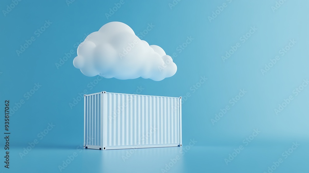 Poster surreal image of a white cloud hovering over a shipping container against a blue background. concept