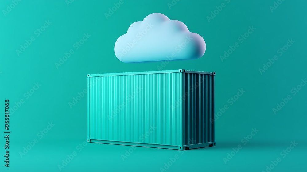Poster surreal image of shipping container under a cloud. concept of cloud storage, technology, data, and l