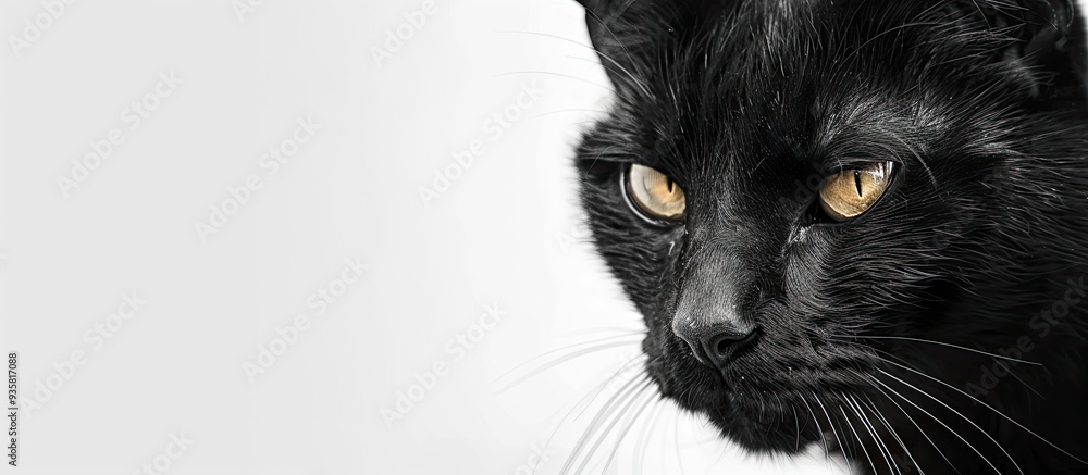 Poster close up of a black cat on a white background. copy space image. place for adding text and design