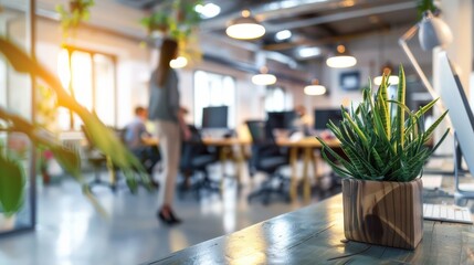 Green plant on desk in modern open office