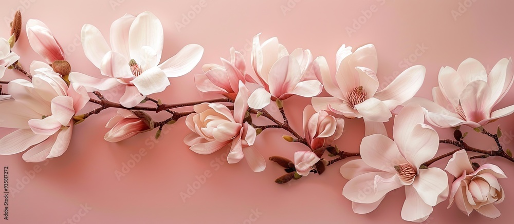 Poster magnolia blooms on pink. copy space image. place for adding text and design
