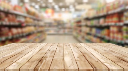 Empty wooden table with supermarket aisle background
