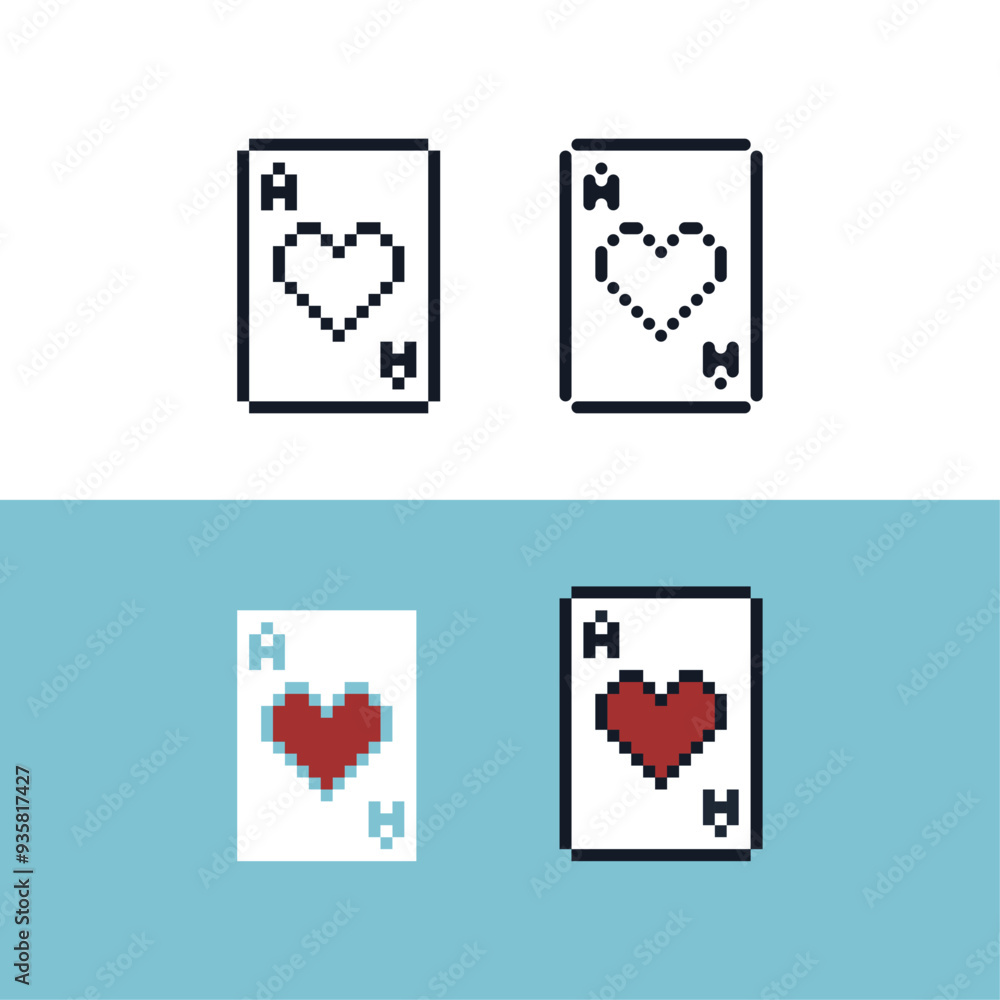 Poster outline icon of ace card in variation.card icon on pixelated style. 8bits perfect for game asset or 