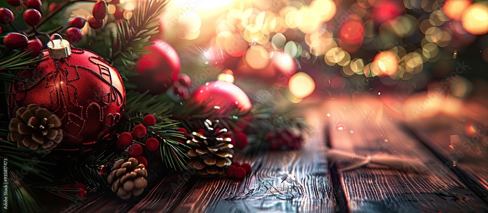 Aufkleber christmas tree ornaments on a wooden background. copy space image. place for adding text and design
